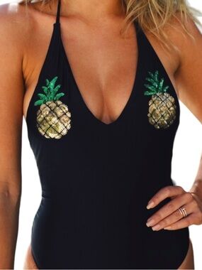 New Gold Pineapple Sequin Black One Piece unique fun party Swimsuit by New Look
